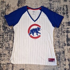 Majestic Women's Blue & Red Chicago Cubs Pinstripe V-Neck Tee Size XL